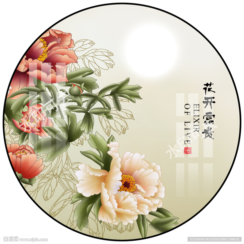 新中式花卉圆形装饰画