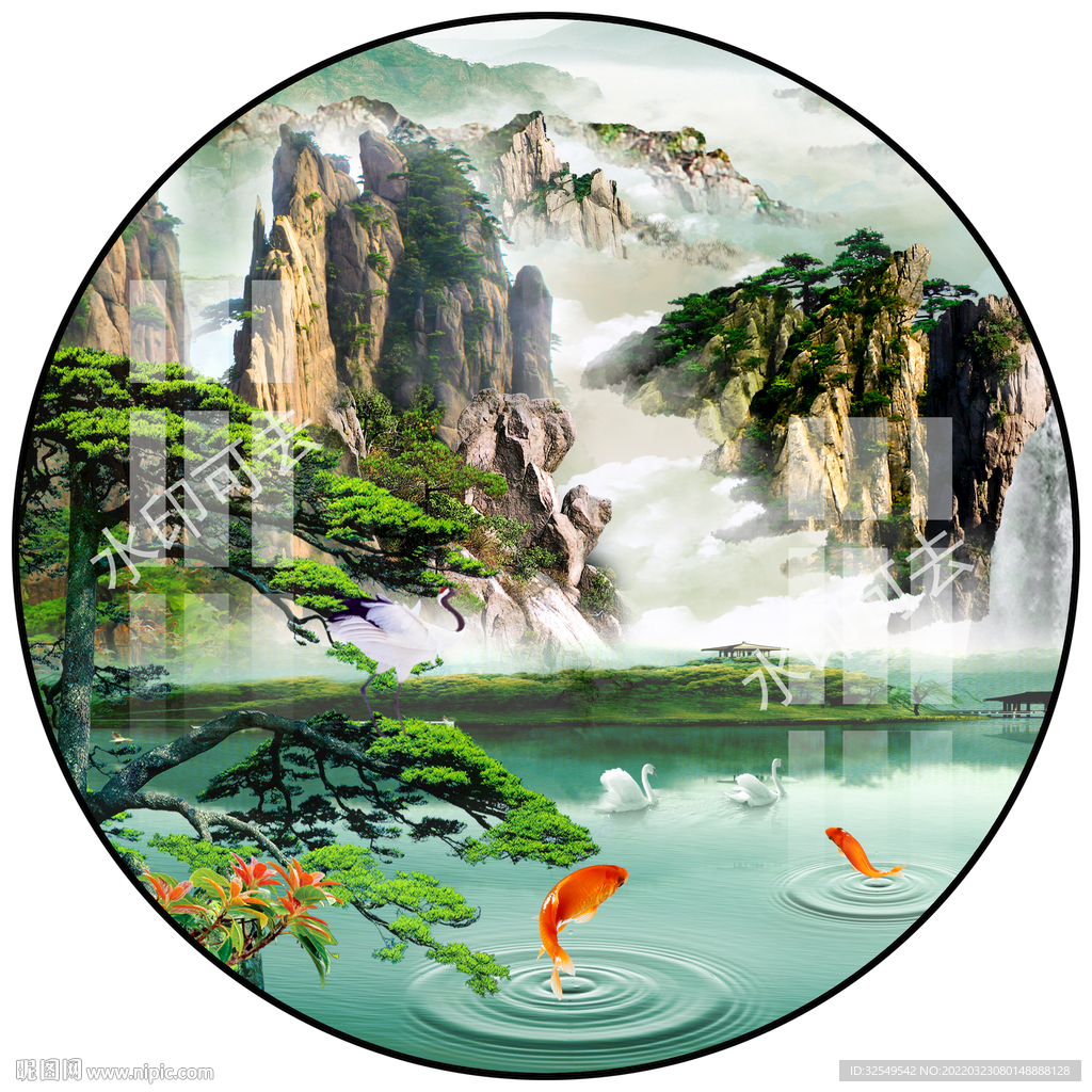 新中式国画山水圆形装饰画