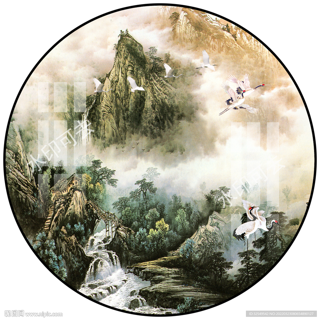 新中式国画水墨山水圆形装饰画