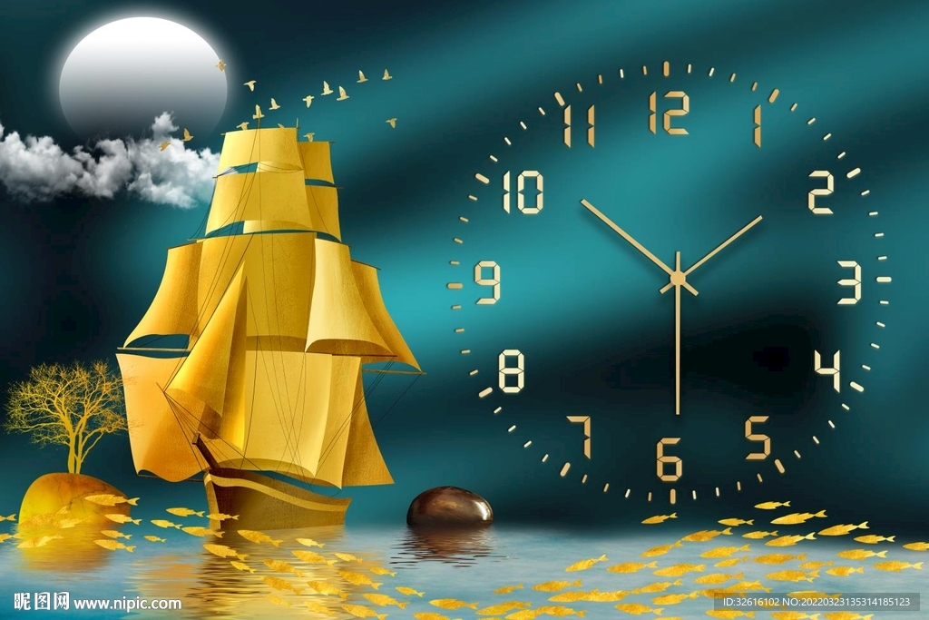 一帆风顺金色帆船钟表装饰画