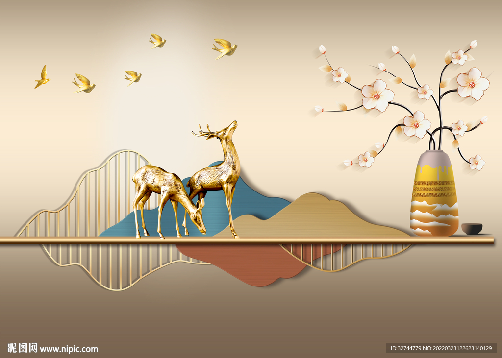 麋鹿抽象金色山水装饰画