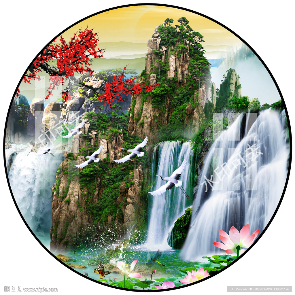 新中式国画风景圆形装饰画