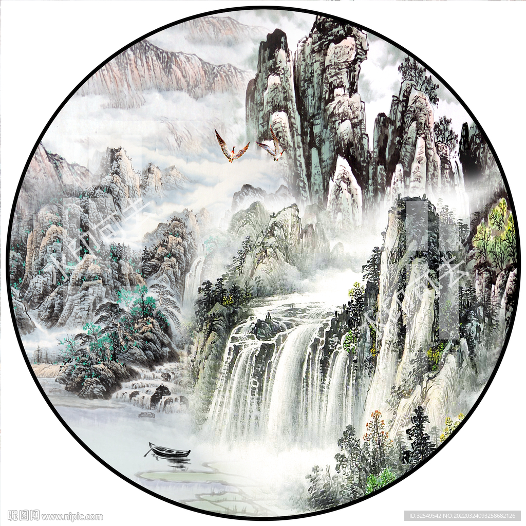 新中式国画山水圆形装饰画