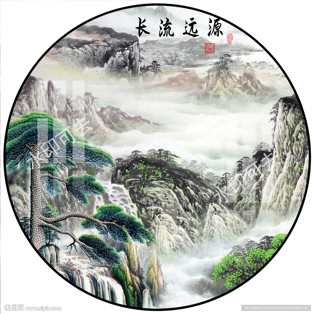 新中式国画山水圆形装饰画