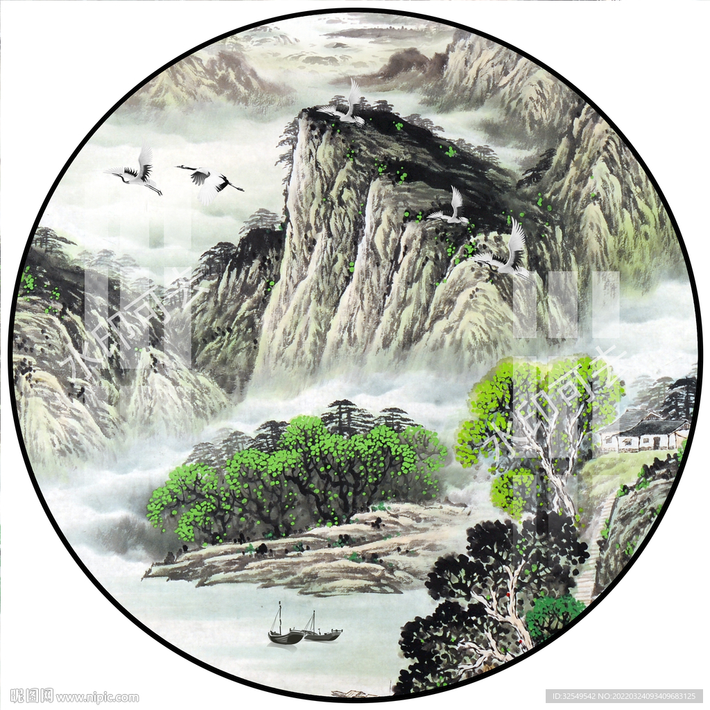 新中式国画山水圆形装饰画