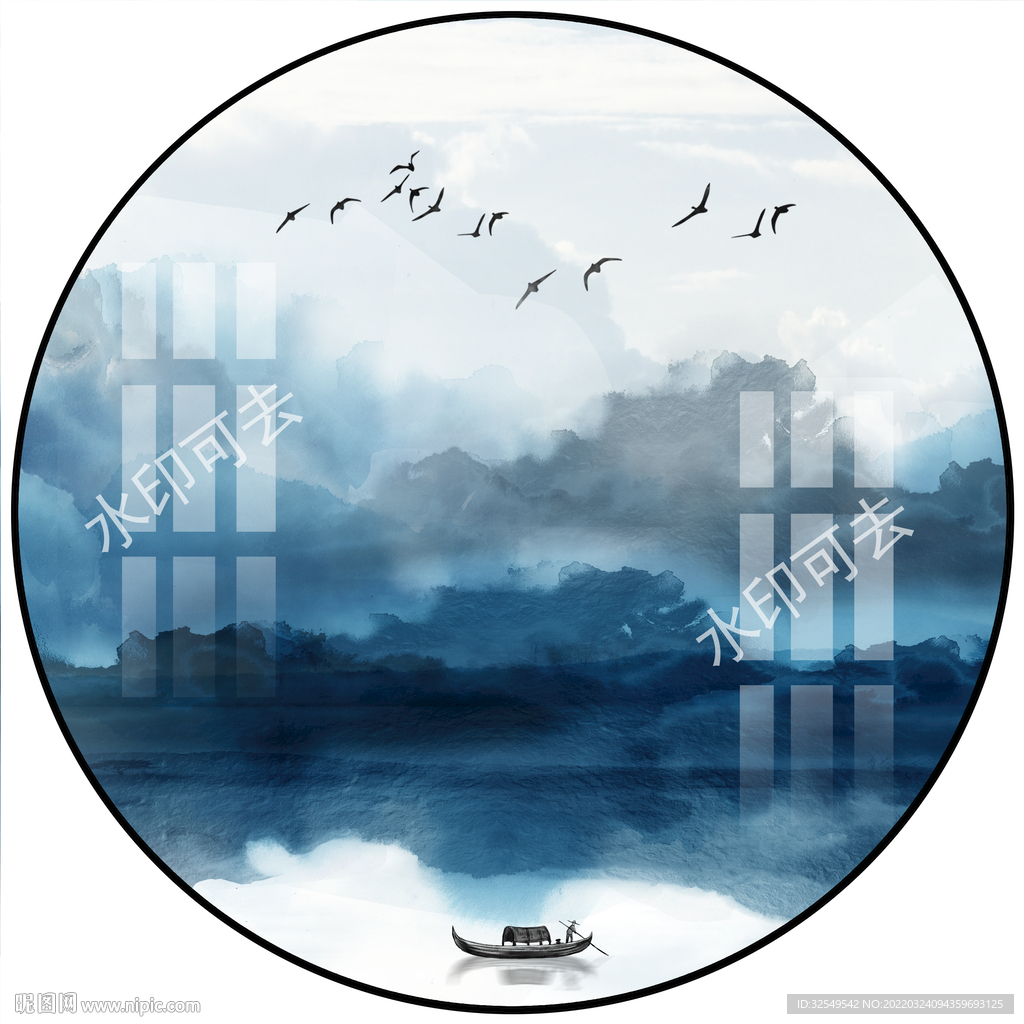 新中式意境山水圆形装饰画