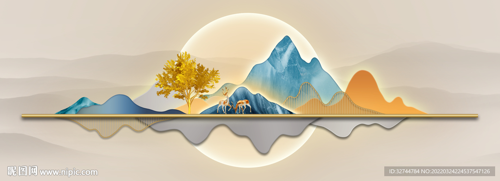 金色线条山水