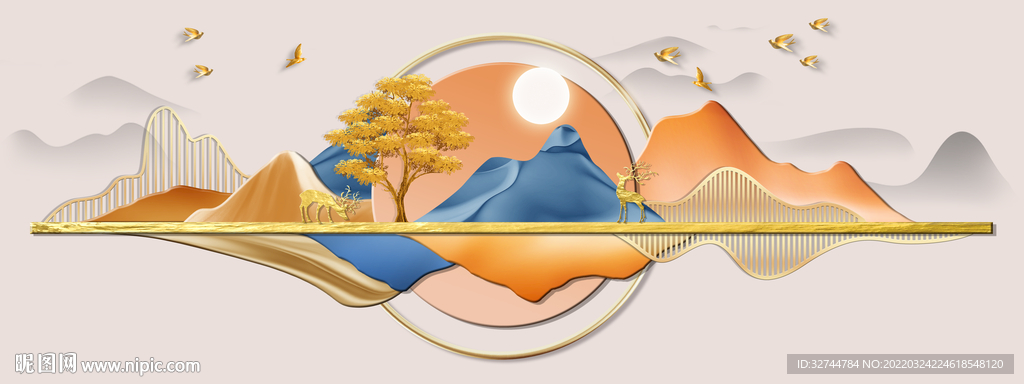 金色山水床头画
