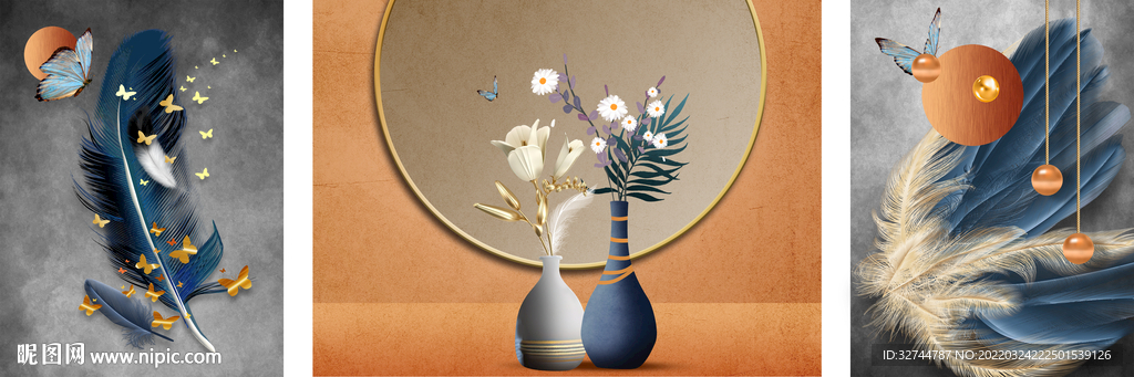 轻奢羽毛蝴蝶花卉装饰画