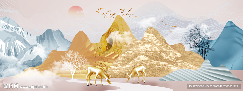 金色山水麋鹿装饰画