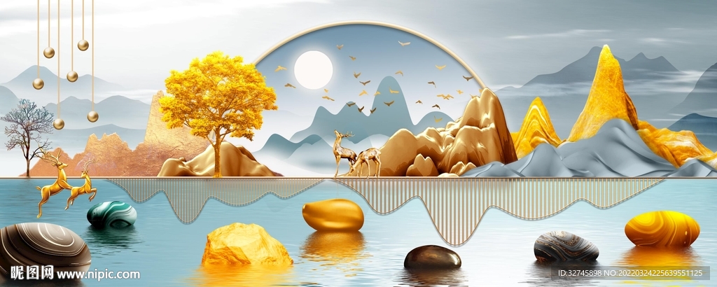 石来运转金色山水装饰画