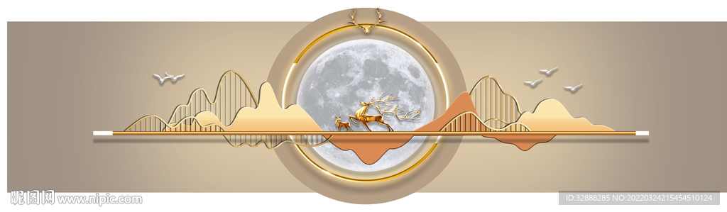 麋鹿金色山水床头画