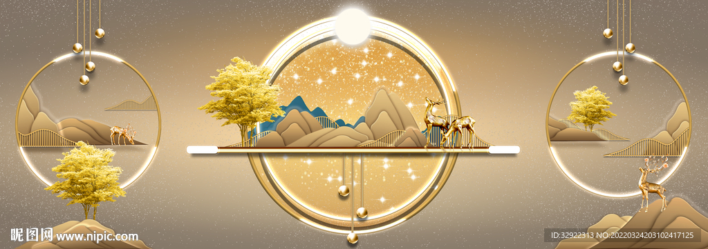麋鹿光影几何山水金色装饰画