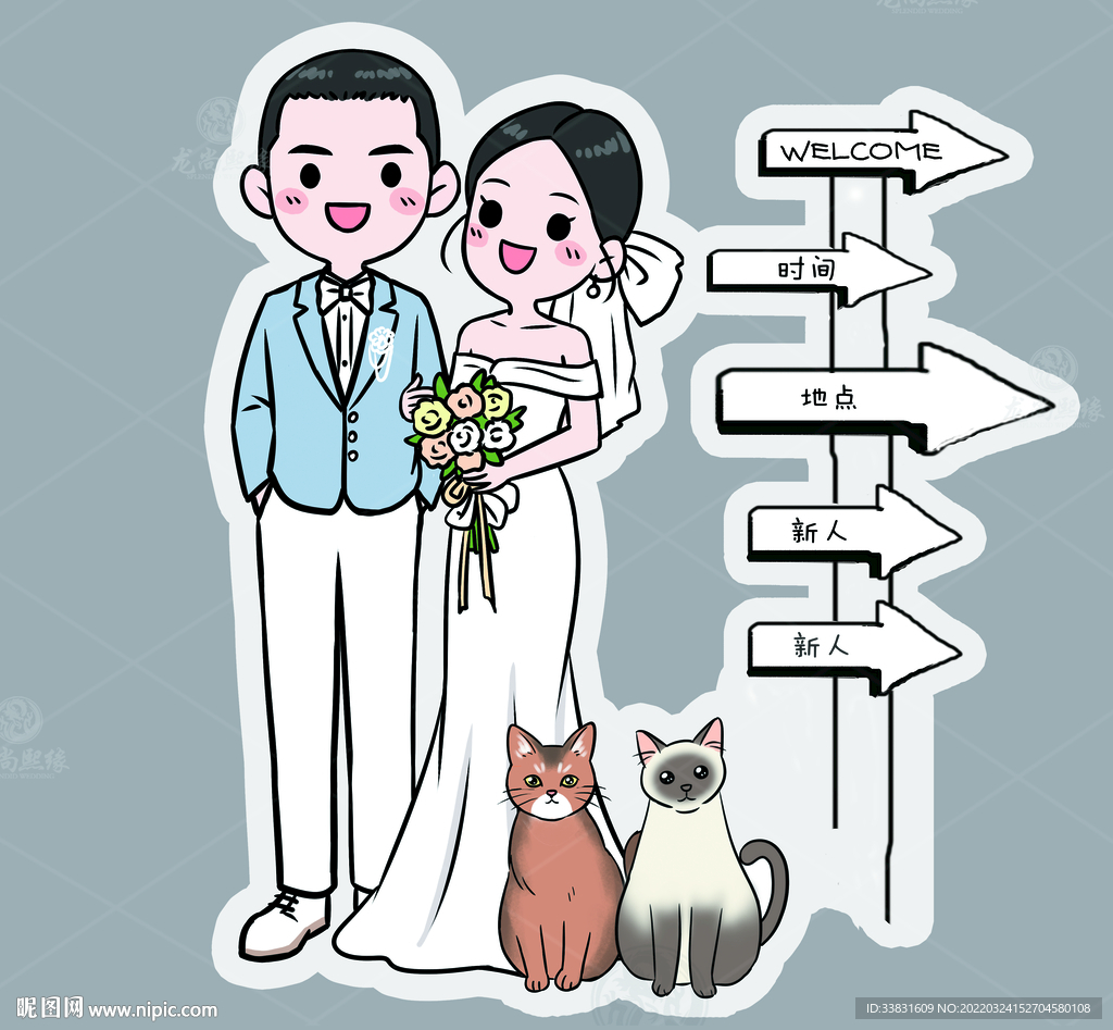 卡通婚礼迎宾牌