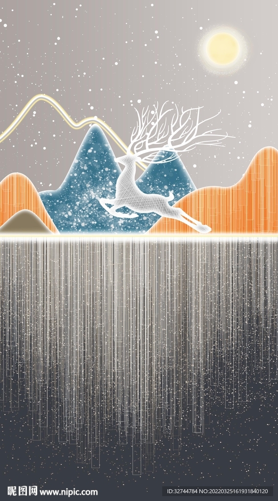 黑白线条山水星空麋鹿玄关