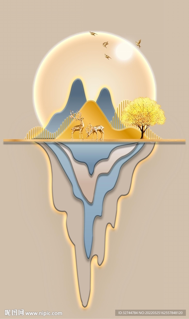 金色山水线条玄关