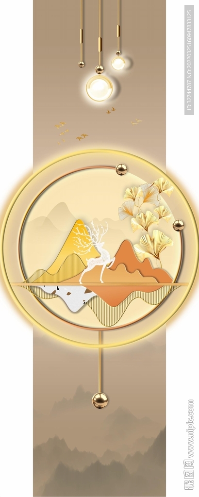 金色线条灯光山水玄关