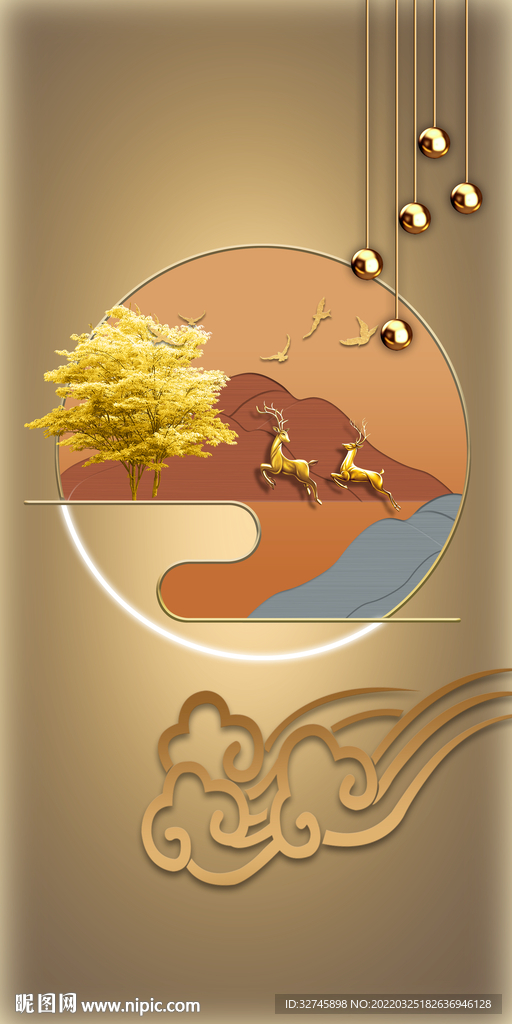 金色线条麋鹿山水