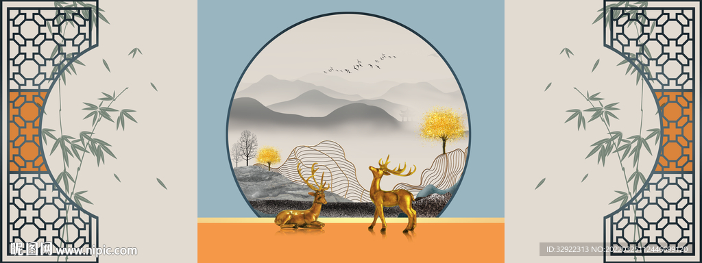 中式山水麋鹿装饰画