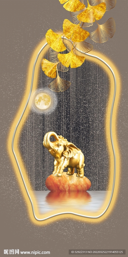 金色大象银杏叶石头装饰画