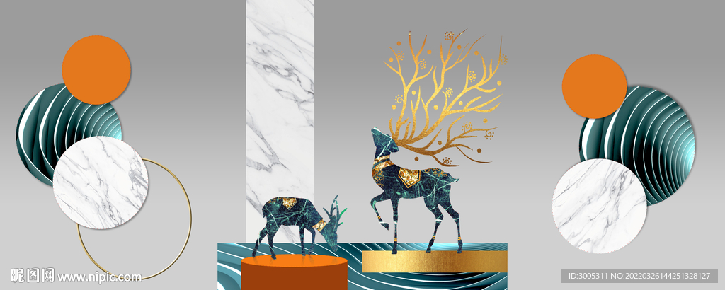 轻奢装饰画 三联画 麋鹿