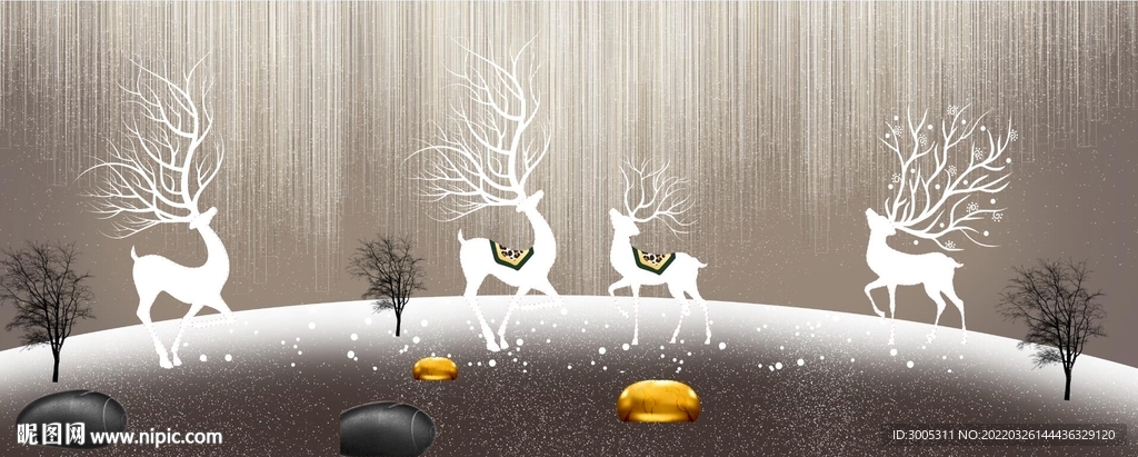 轻奢装饰画 三联画 麋鹿