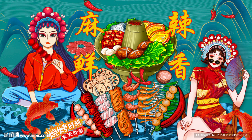 国潮烧烤炸串火锅背景墙