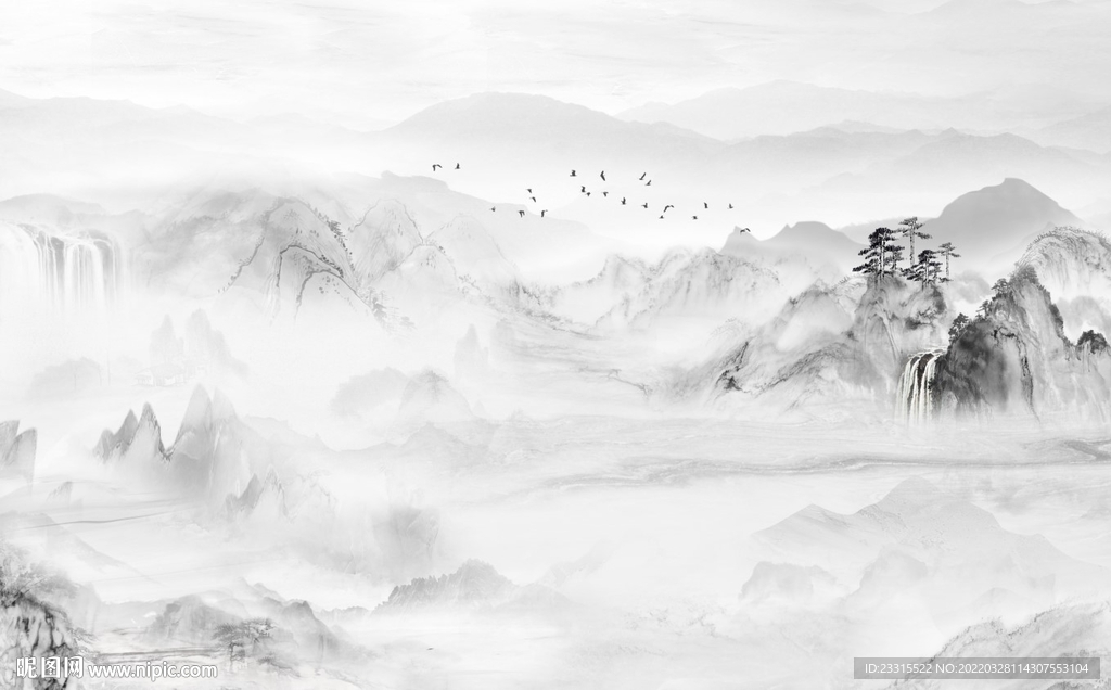 雅士白水墨山水新中式背景墙