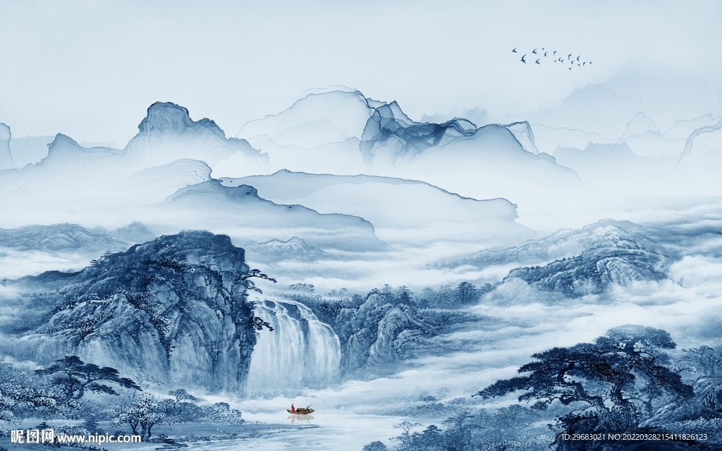 蓝色客厅电视山水 TIF分层