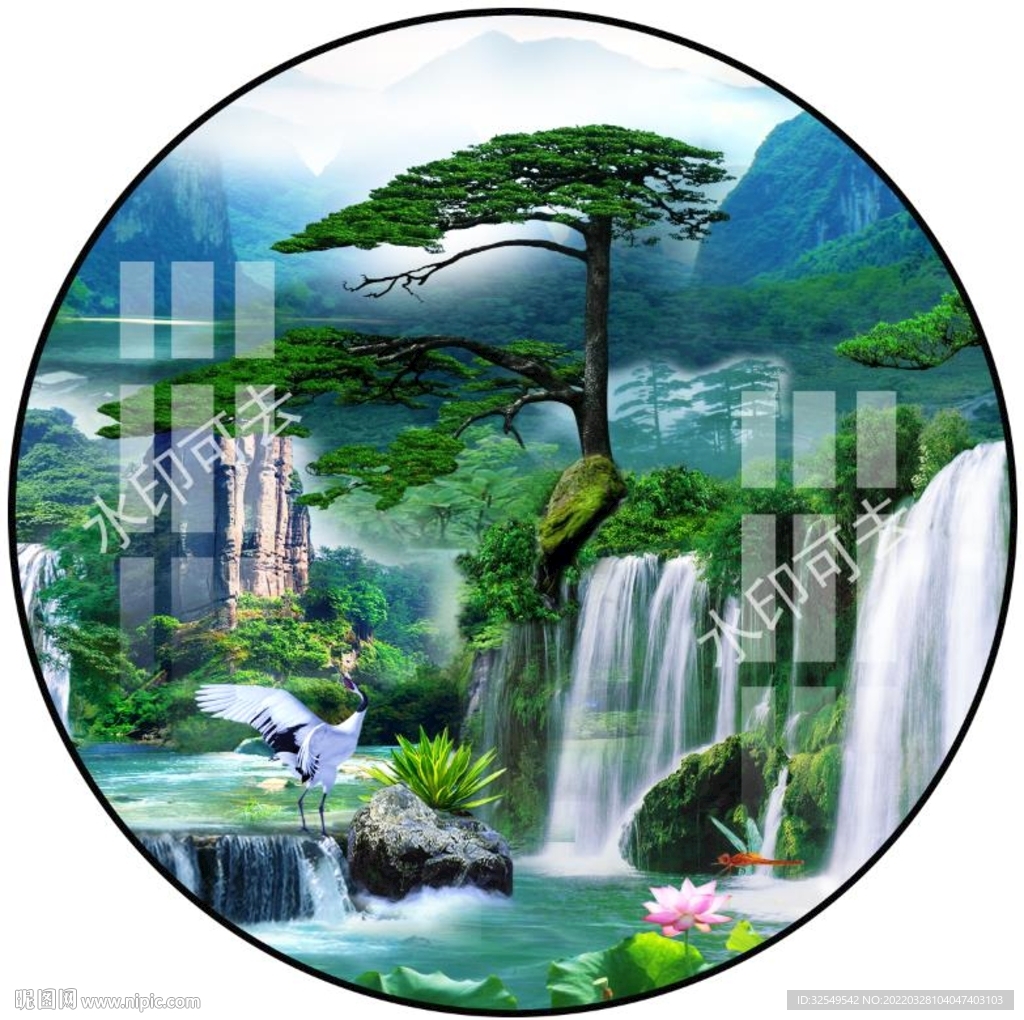 新中式国画山水圆形装饰画