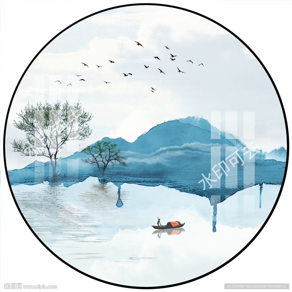 新中式意境山水圆形装饰画