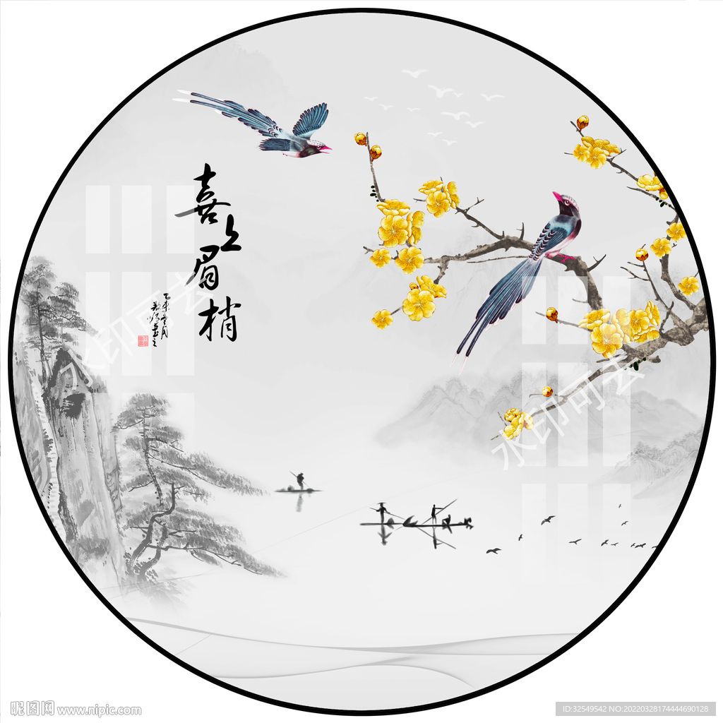 新中式山水花鸟圆形装饰画