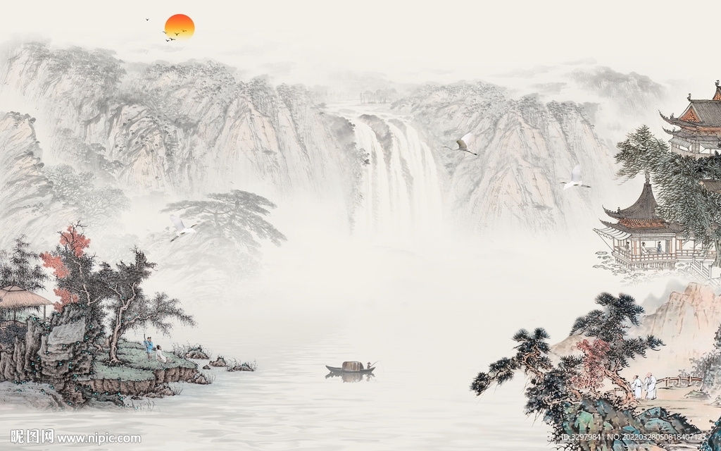 国画电视别墅山水 TIF分层