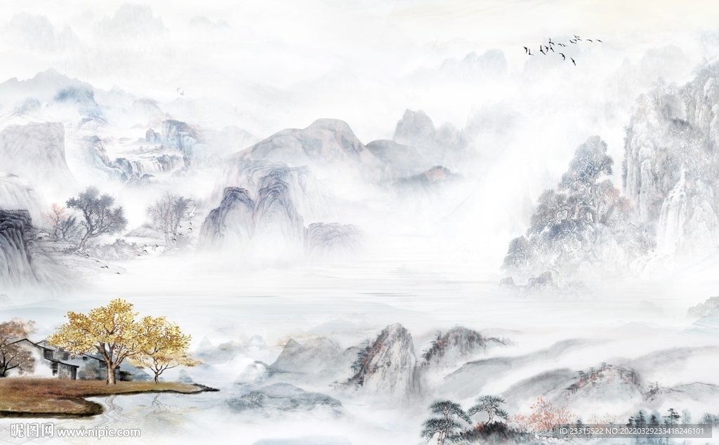 高山流水烟雨江南新中式背景墙