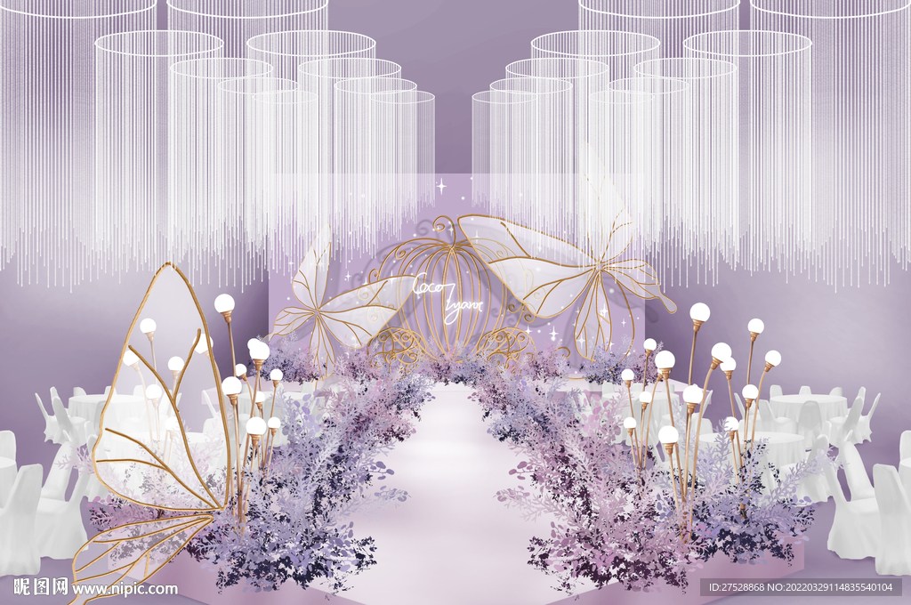 梦幻粉紫色南瓜马车蝴蝶童话风婚