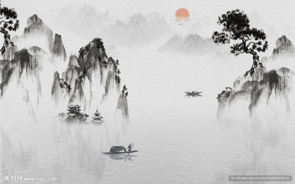 轻奢装饰画 新中式山水画 船