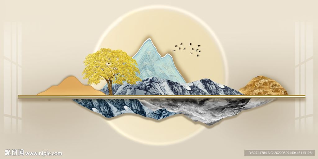 线条金色山水