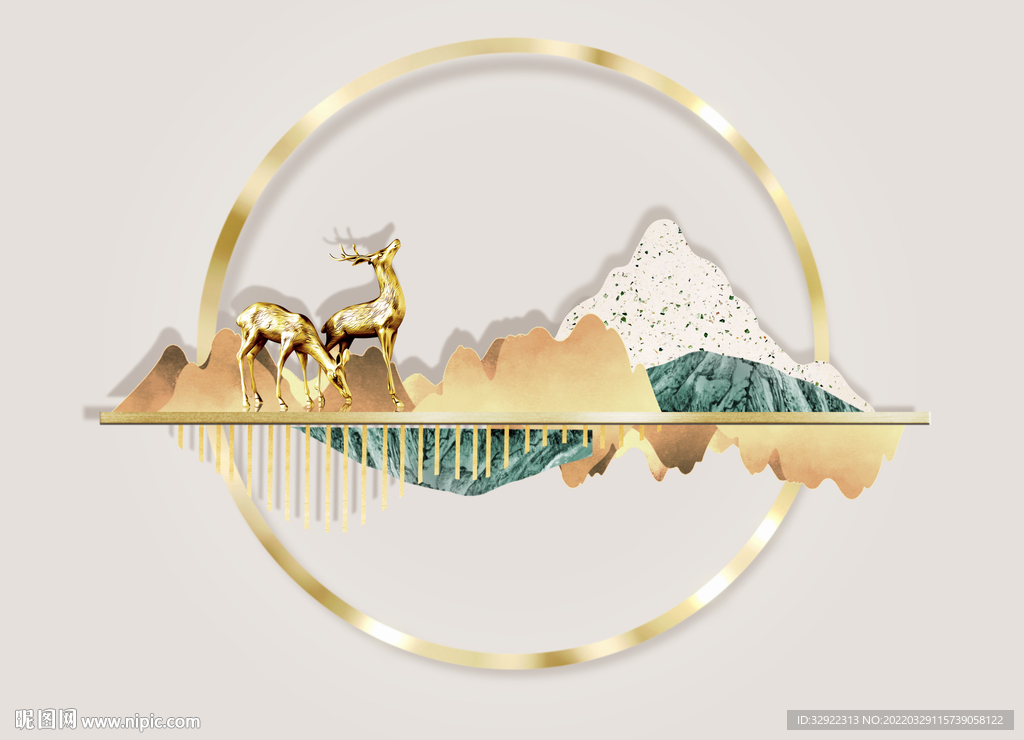 金色线条麋鹿山水