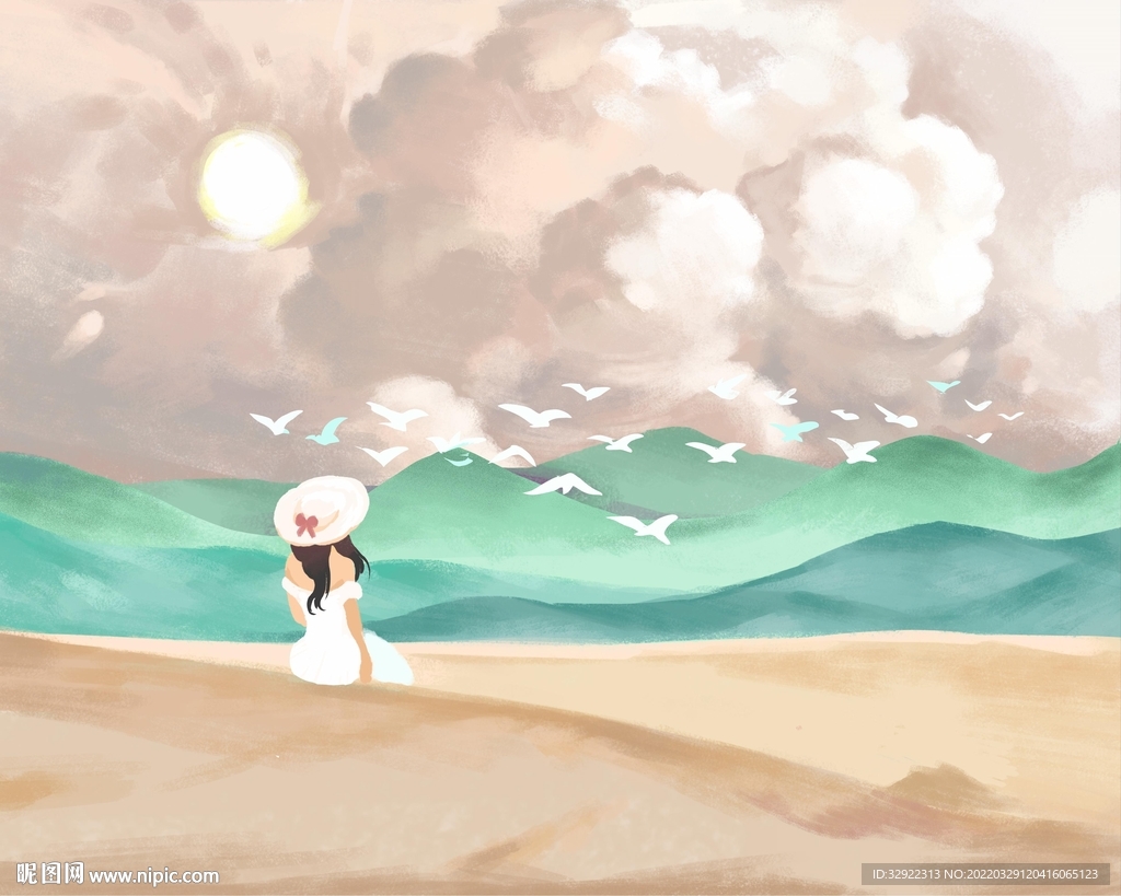 美女海边风景装饰画