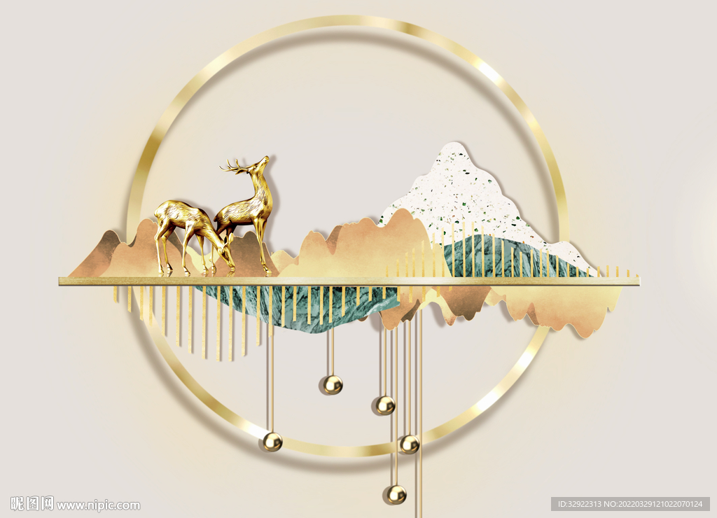 麋鹿金色山水电表箱画