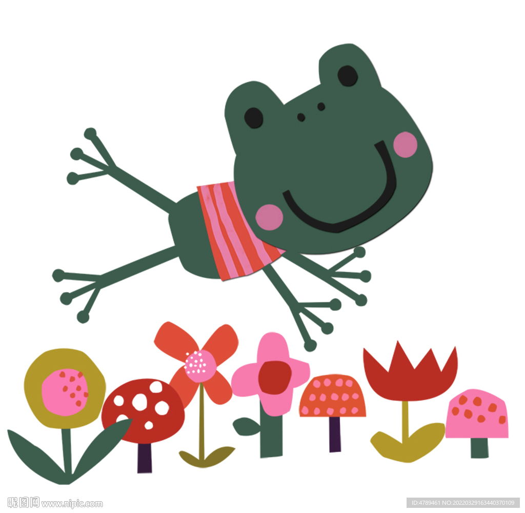 花丛中跳跃的青蛙插画
