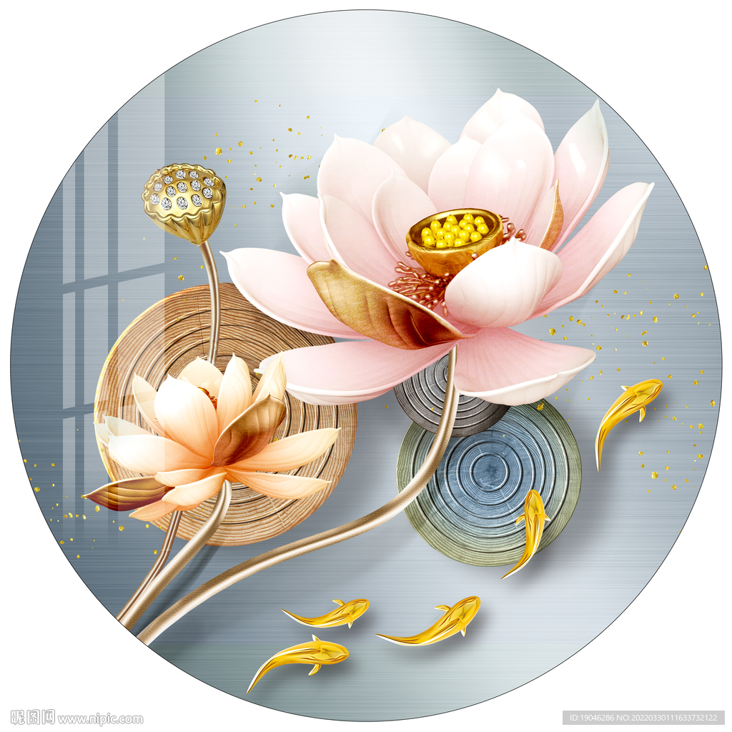 荷花九鱼图浮雕圆形装饰画