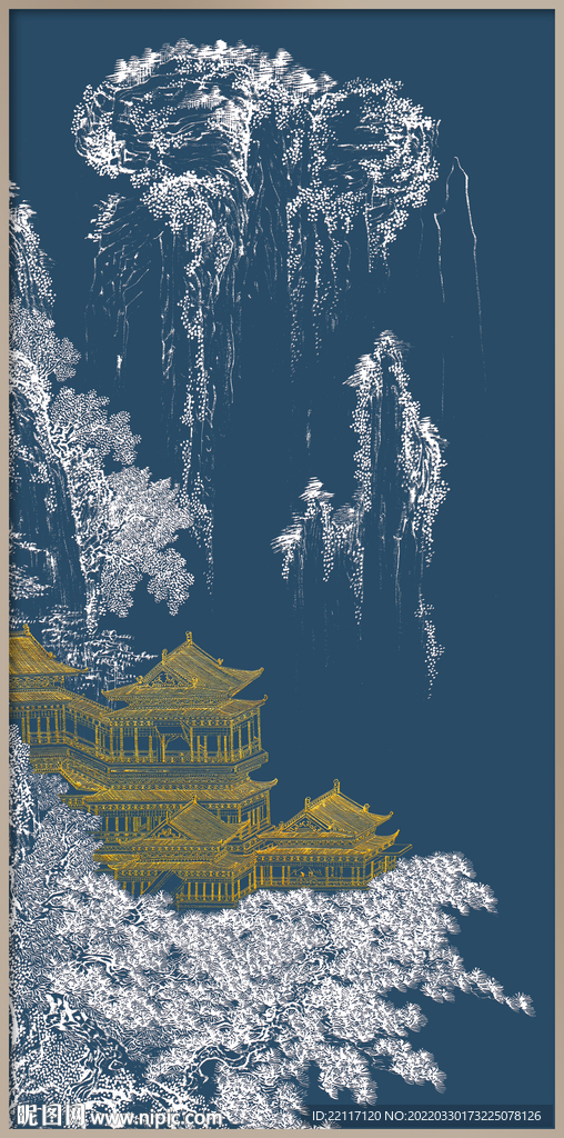 楼阁山水线描肌理装饰画