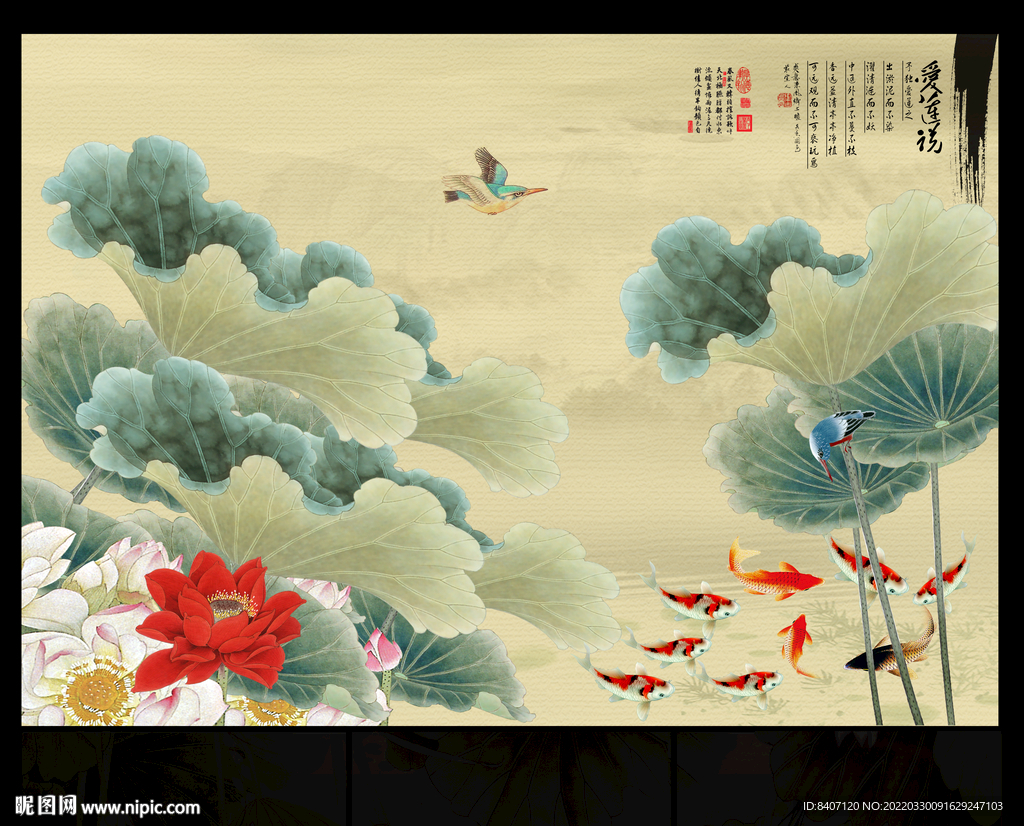 荷花九鱼图