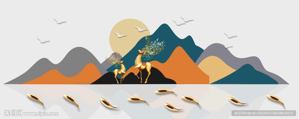 装饰画新中式山水 麋鹿金鱼日出