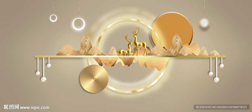 麋鹿山水金色装饰画