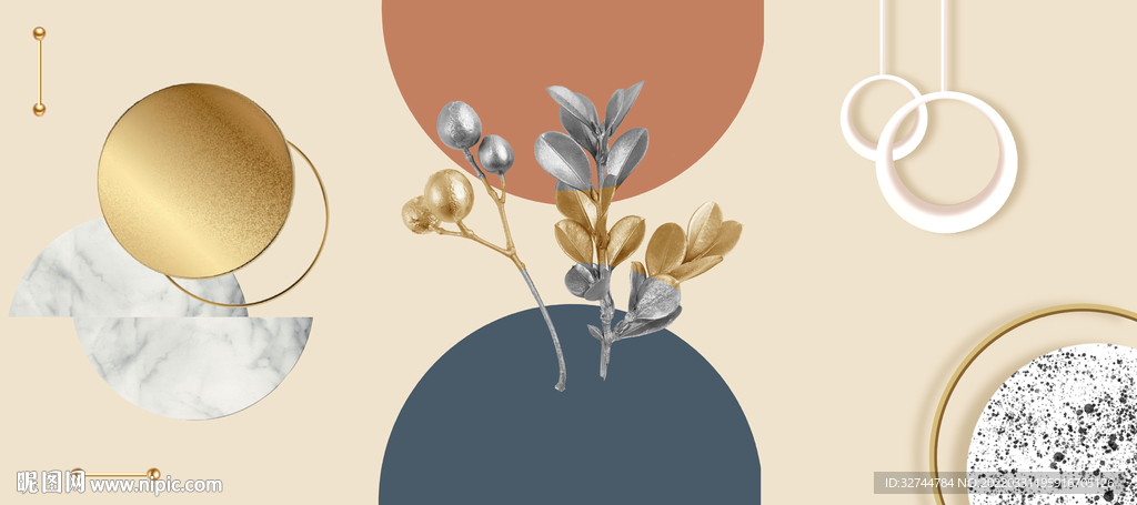 金色植物现代几何装饰画