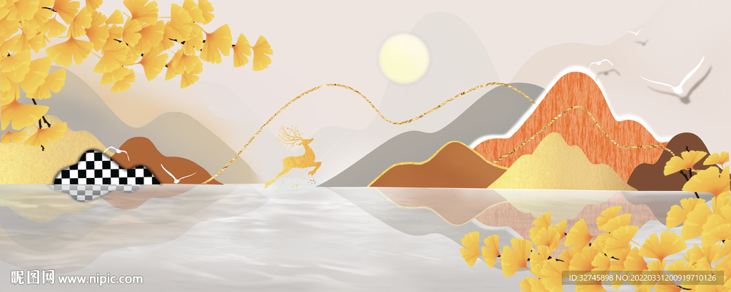 银杏叶麋鹿山水装饰画