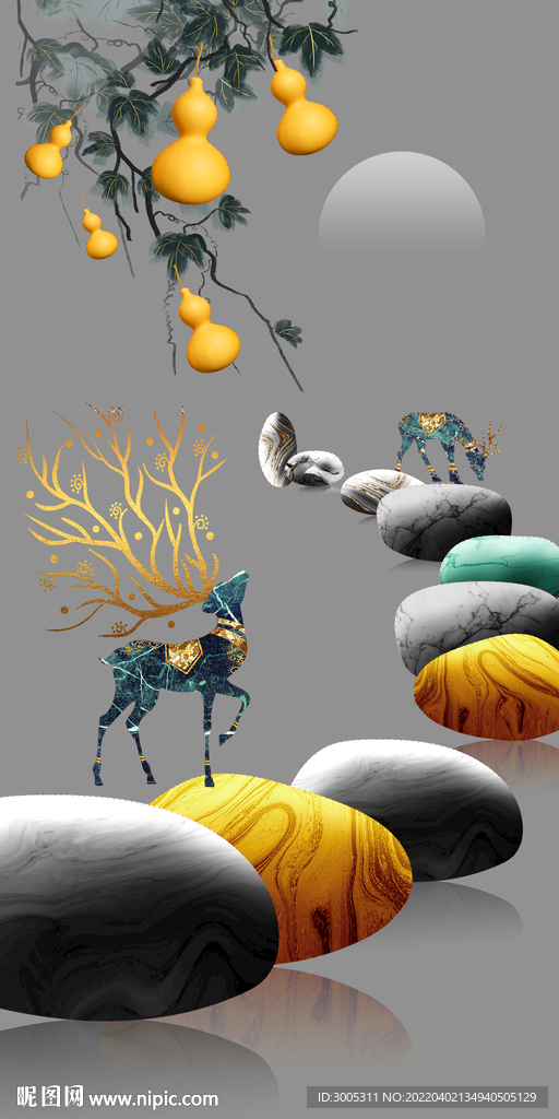 轻奢装饰画 麋鹿 石头 葫芦