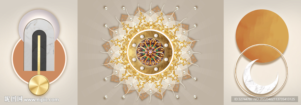 金箔花纹三联画